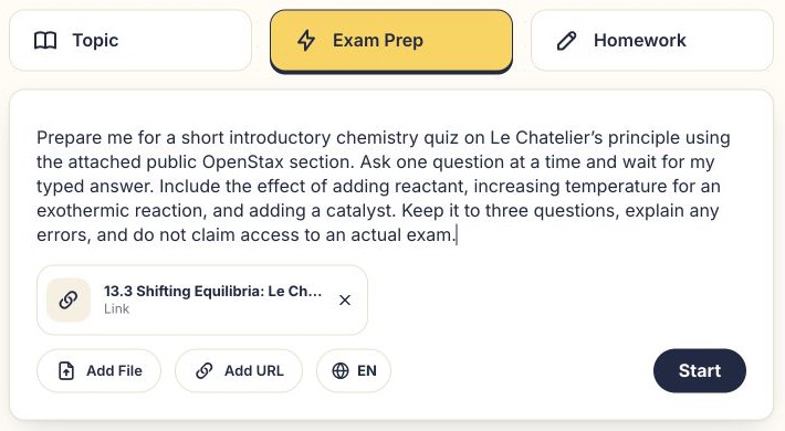 Topic, Exam Prep, Homework 세 가지 모드와 화학 연습 요청, 첨부된 OpenStax 링크가 보이는 Ahaboard 시작 화면.