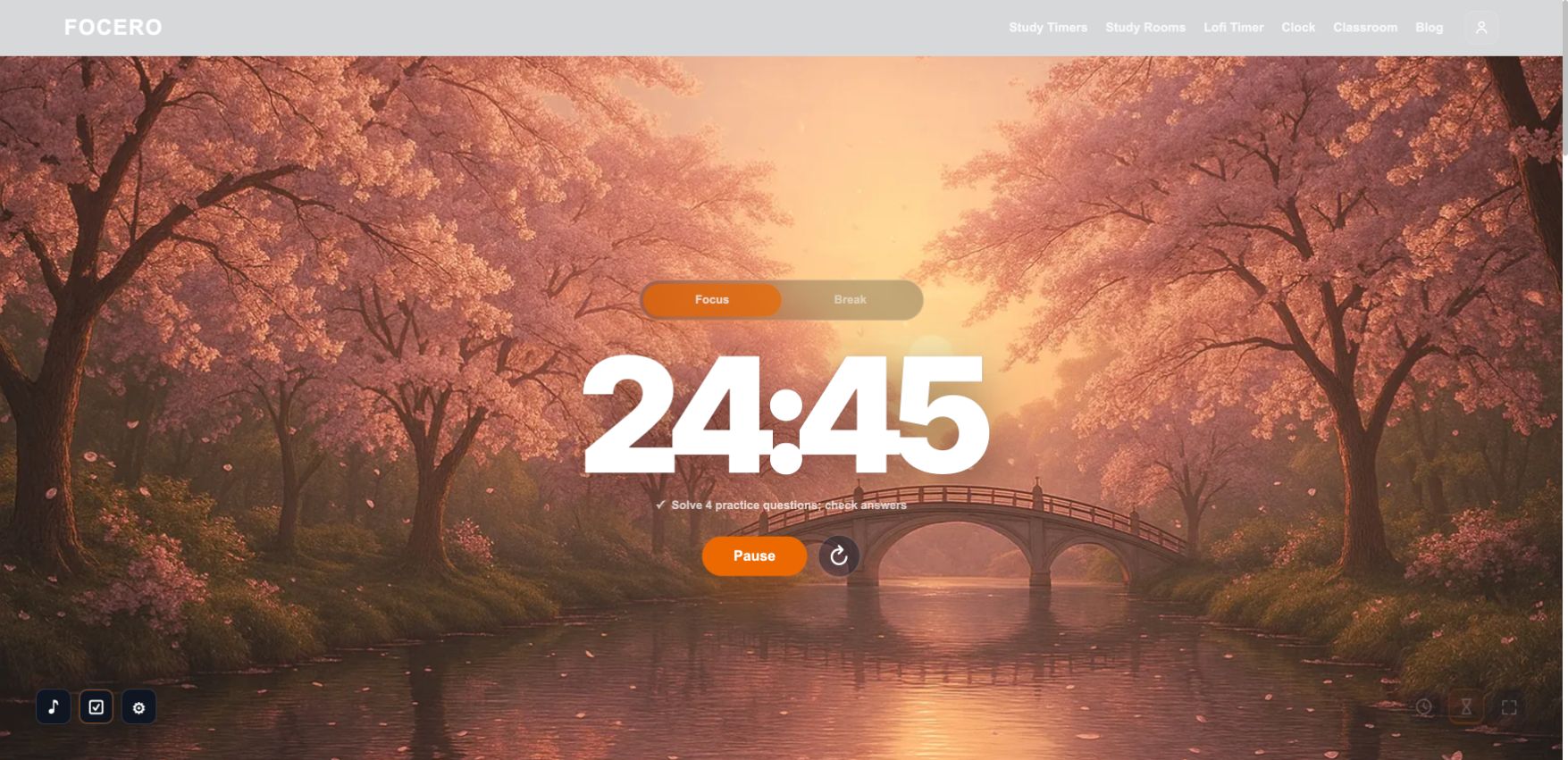 Focero running its focus timer over a cherry-blossom study background with a four-question practice task