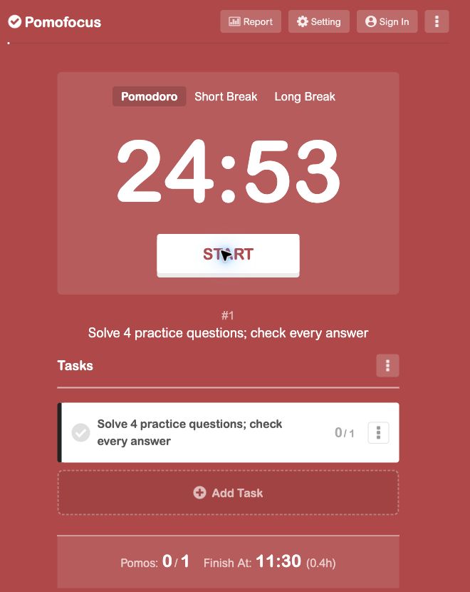 Pomofocus paused at 24:53 with the task Solve 4 practice questions; check every answer and one estimated Pomodoro