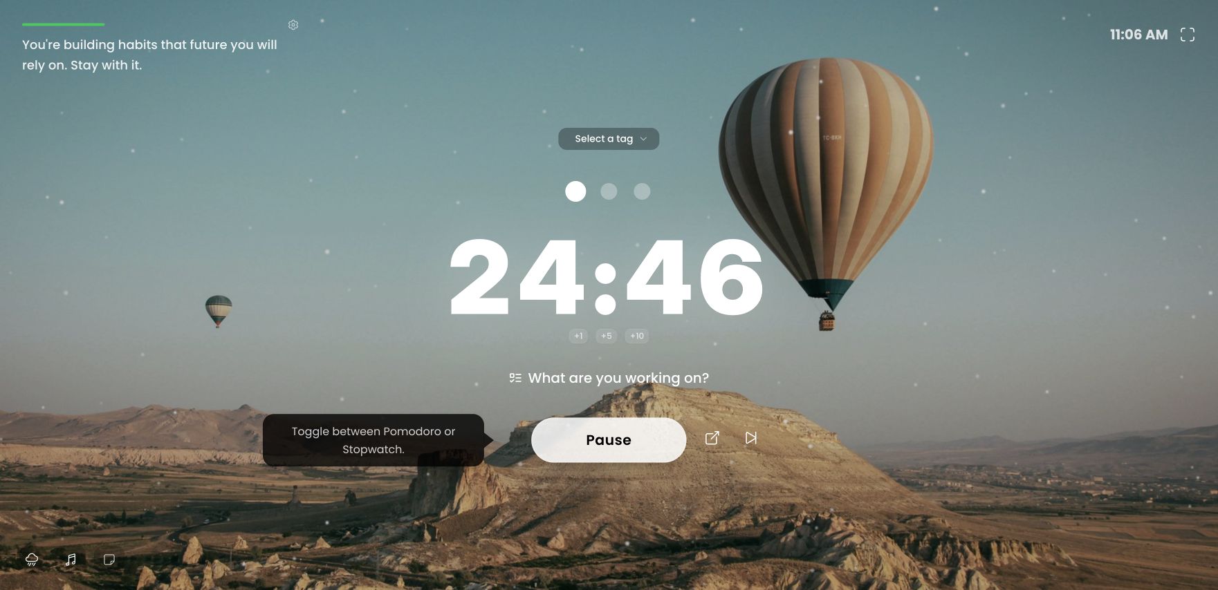 StudyFoc.us timer counting down over a balloon landscape, with Pause and the prompt What are you working on