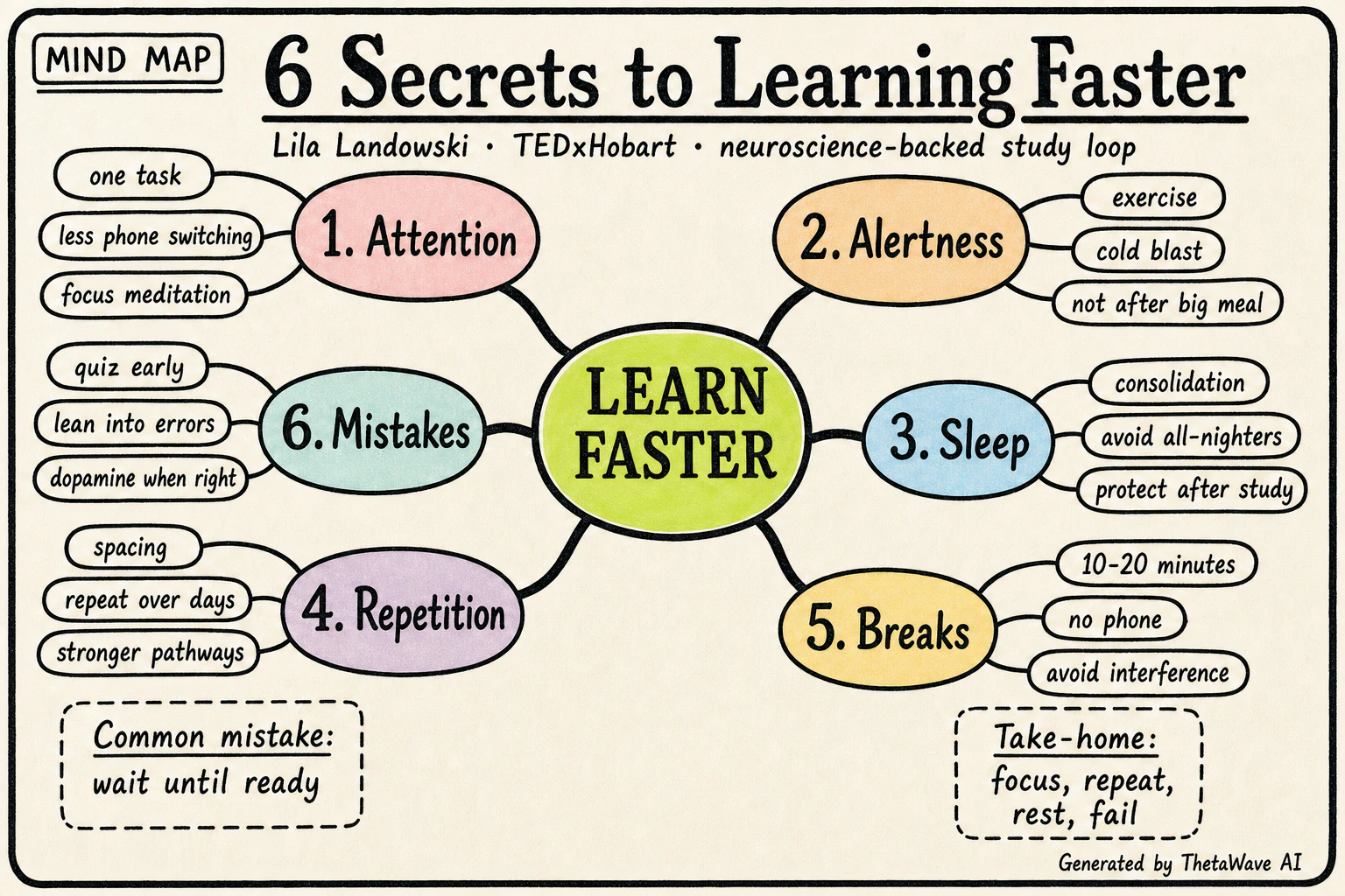 Mappa mentale di Brain Hack: 6 secrets to learning faster, backed by neuroscience | Lila Landowski | TEDxHobart