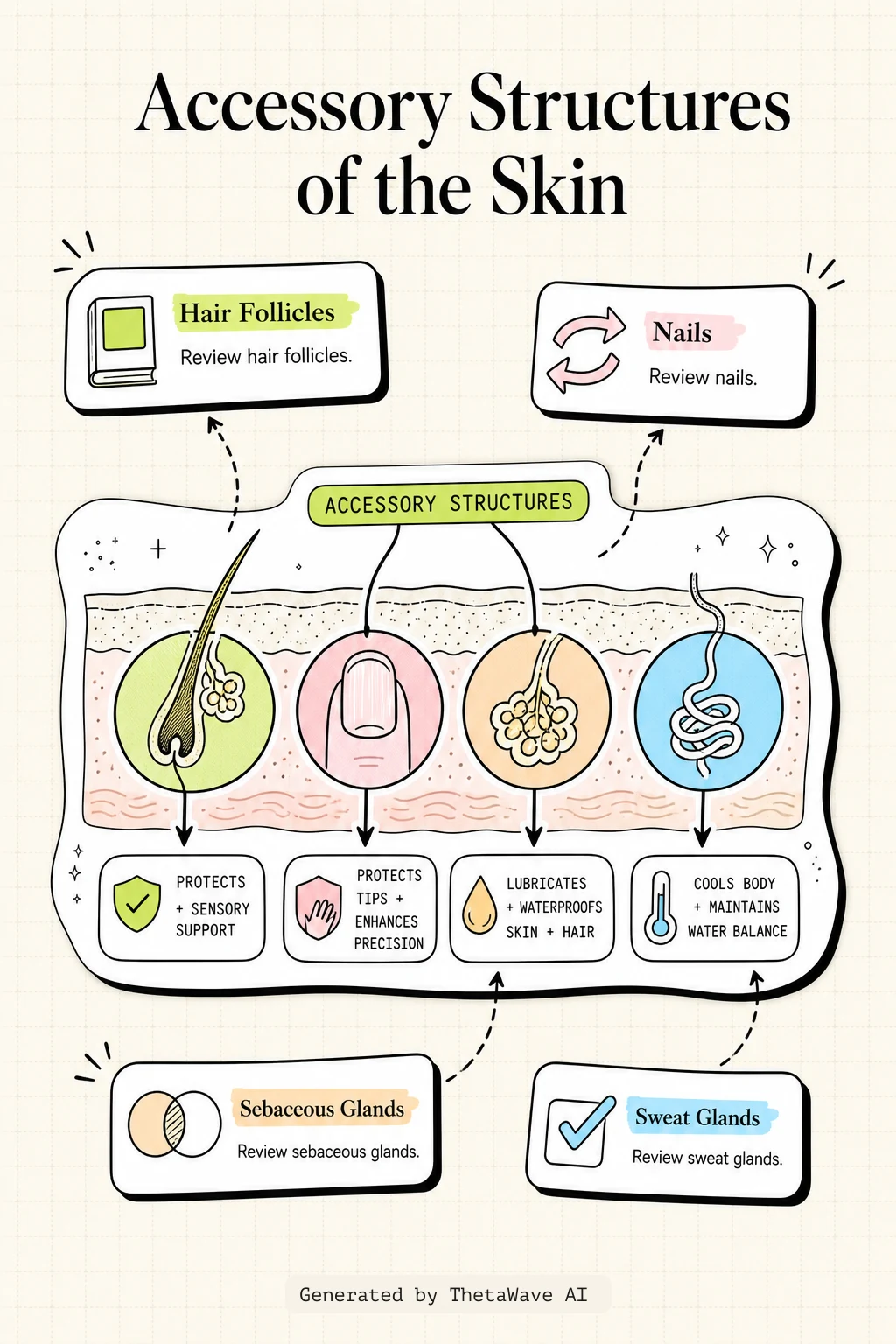 Infografica di Anatomy and Physiology 2e: 5.2 Accessory Structures of the Skin
