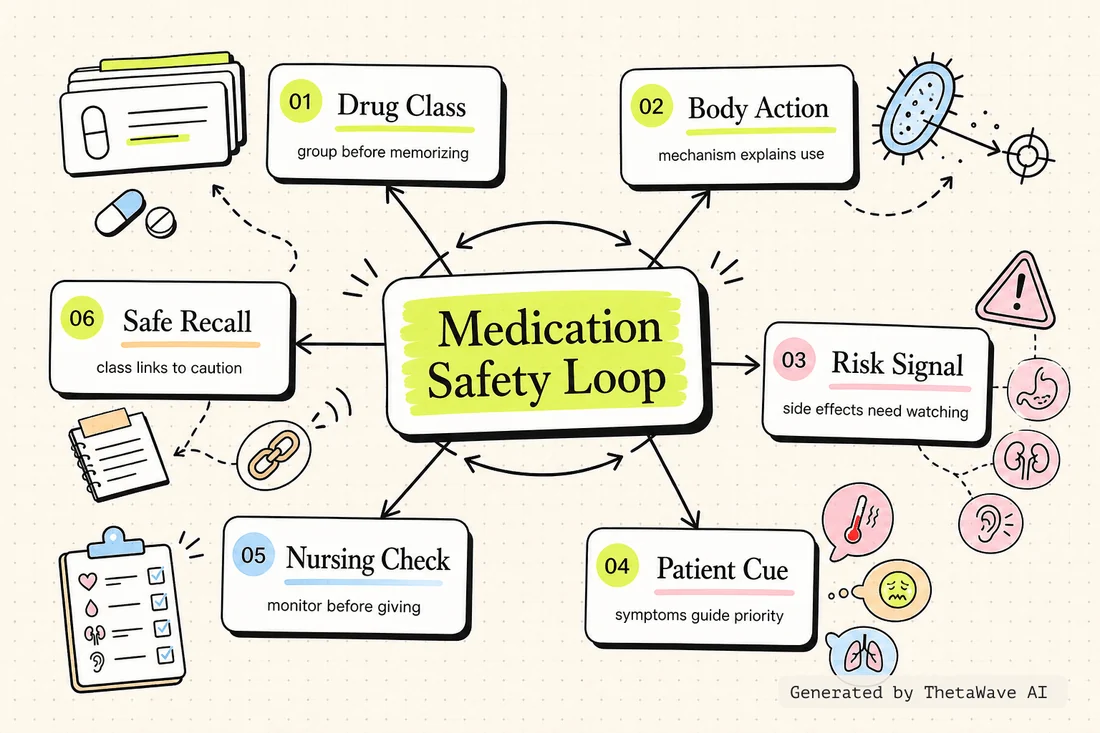 Mind map for Antibiotics Pharmacology Classes Nursing NCLEX Review Made Easy and Nursing Mnemonics