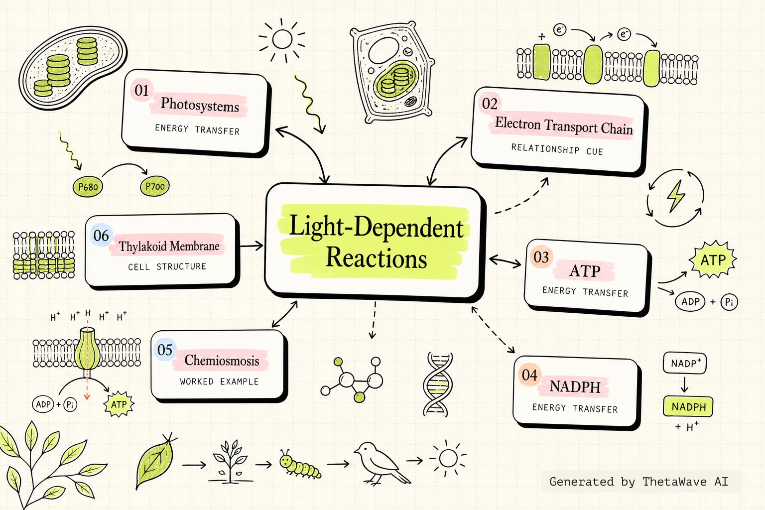 Mind map for Biology 2e: 8.2 The Light-Dependent Reactions of Photosynthesis