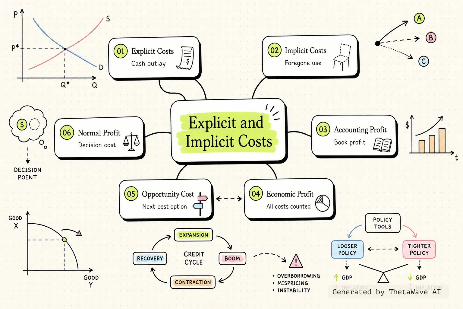 Mind map for Principles of Economics 3e: 7.1 Explicit and Implicit Costs, and Accounting and Economic Profit