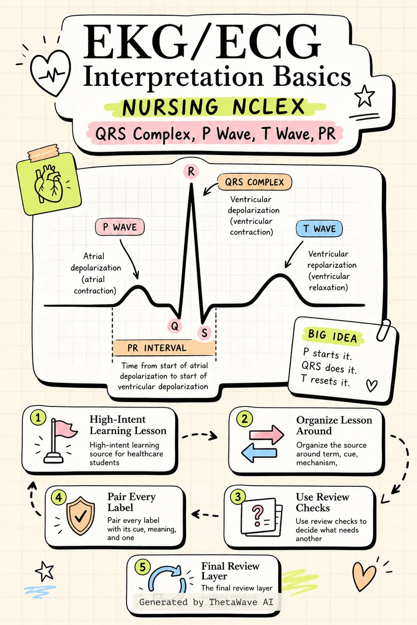 Infographic for EKG/ECG Interpretation Basics Nursing NCLEX | QRS Complex, P Wave, T Wave, PR Interval