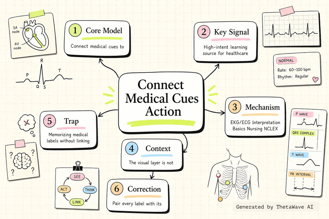 Mind map for EKG/ECG Interpretation Basics Nursing NCLEX | QRS Complex, P Wave, T Wave, PR Interval