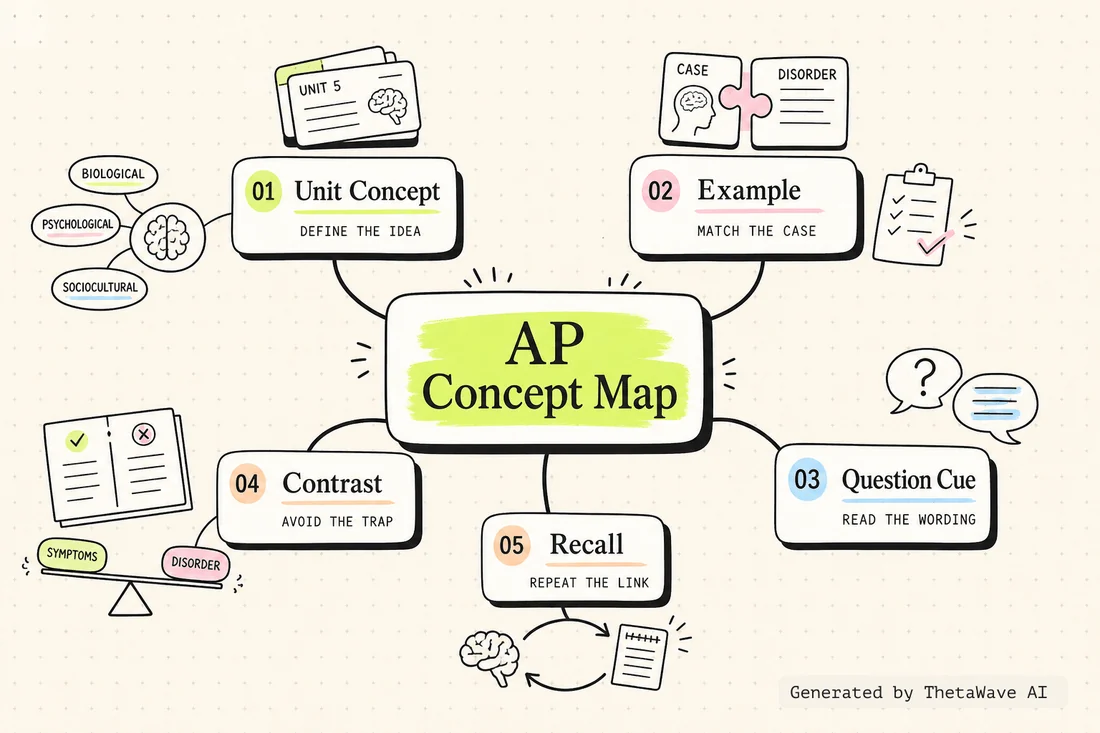 Carte mentale de Psychological Disorders Summary (AP Psychology Review Unit 5 Topic 4)