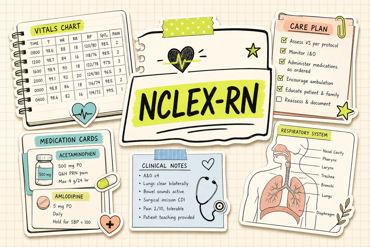 NCLEX-RN Nursing study notebook visual with exam review cards, checklist, notes, and practice cues