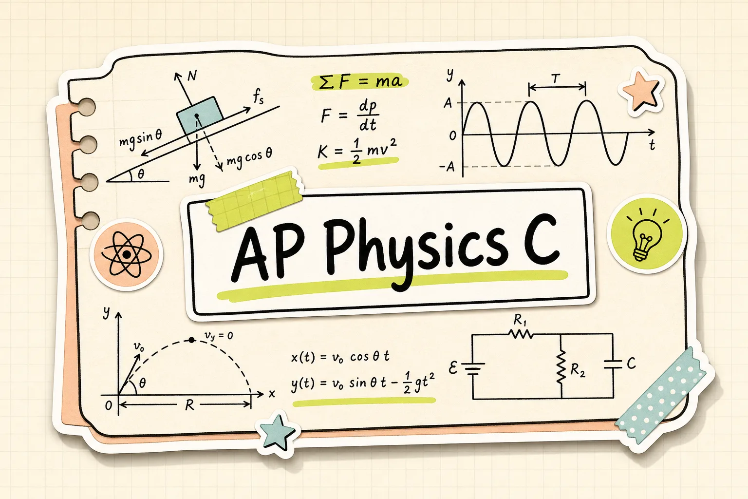 AP Physics C Physics study notebook visual with exam review cards, checklist, notes, and practice cues