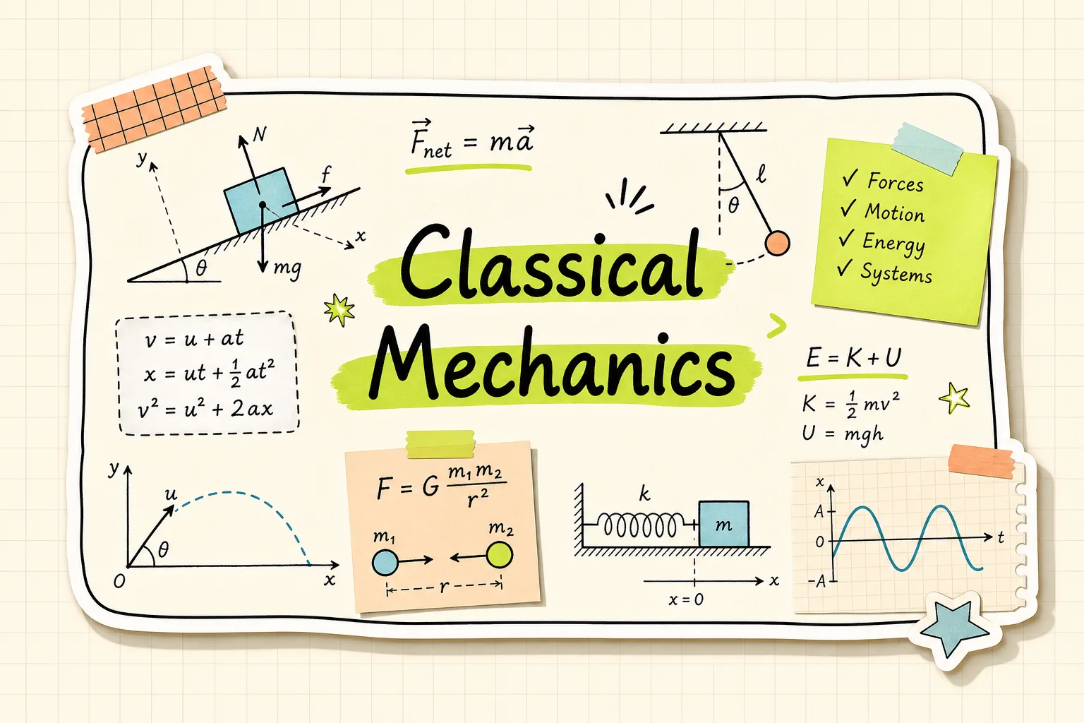 Classical Mechanics Physics study notebook visual with topic diagrams, notes, flashcards, and quiz cues
