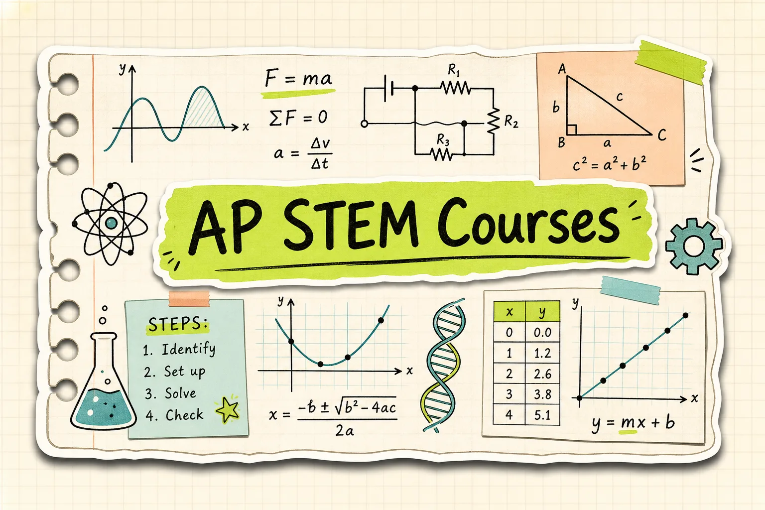 AP STEM Courses STEM study notebook visual with exam review cards, checklist, notes, and practice cues