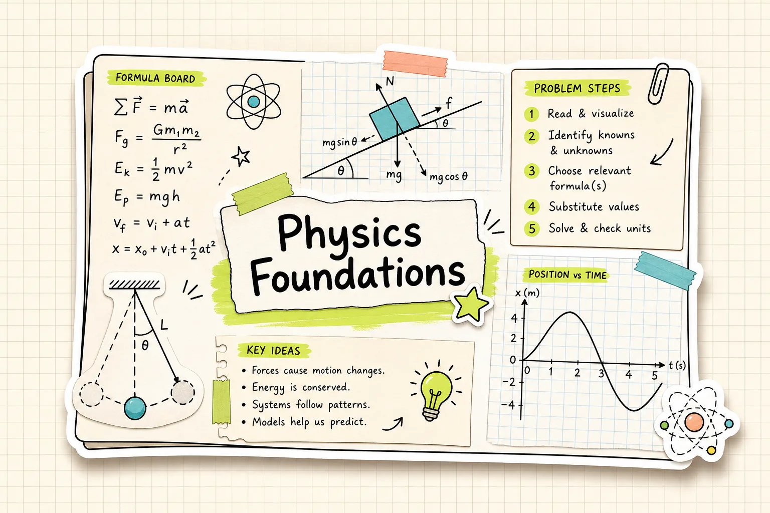 Physics Foundations STEM study notebook visual with topic diagrams, notes, flashcards, and quiz cues